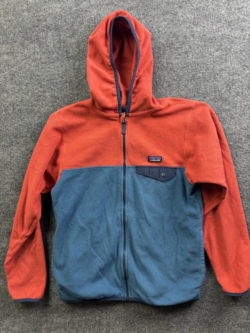 Patagonia‎ Jacket Kids 10-12 Orange Fleece Hooded Full Zip Colorblock Warm Layer